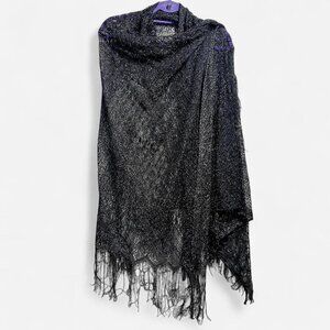 Vintage black sheer lace shawl with fringe